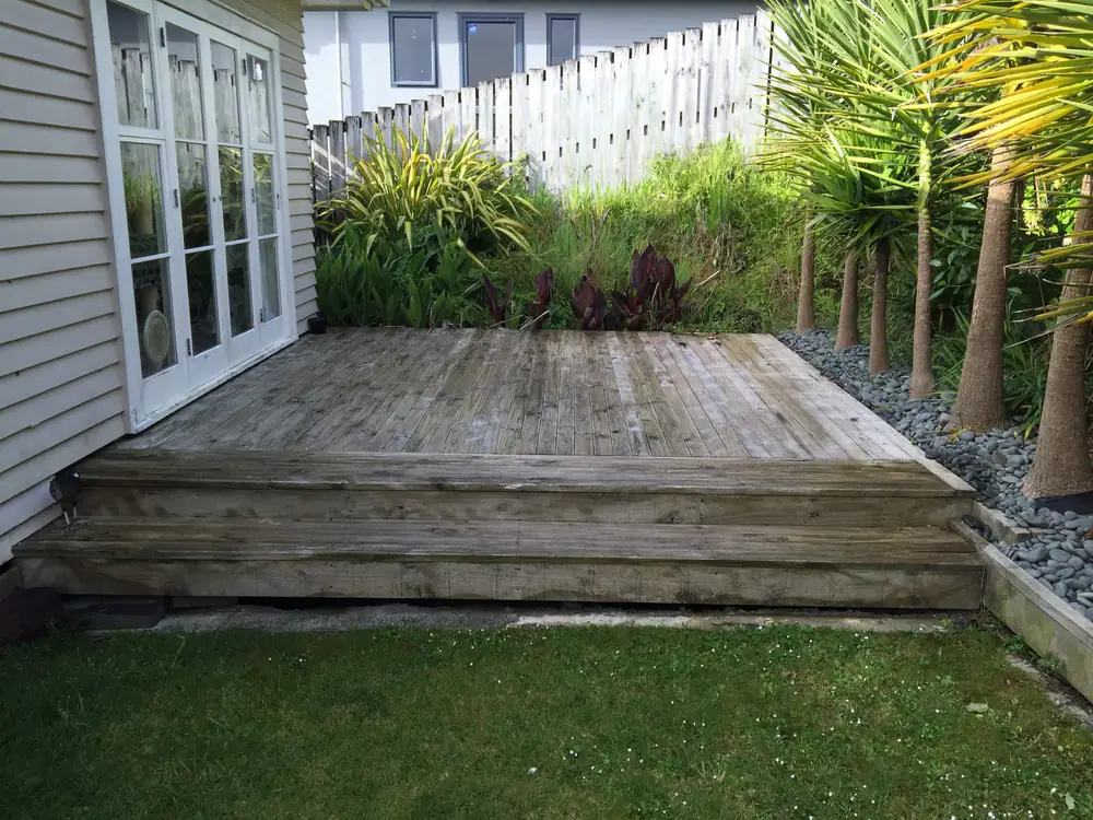 A tidy lawn in front of a timber deck with palms and fresh planting