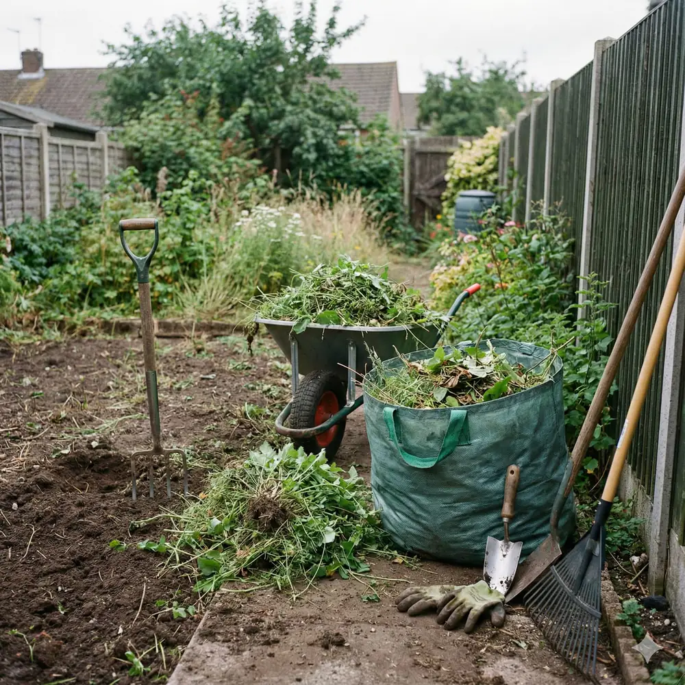 A garden clean-up in progress with a spade, wheelbarrow and green waste bag